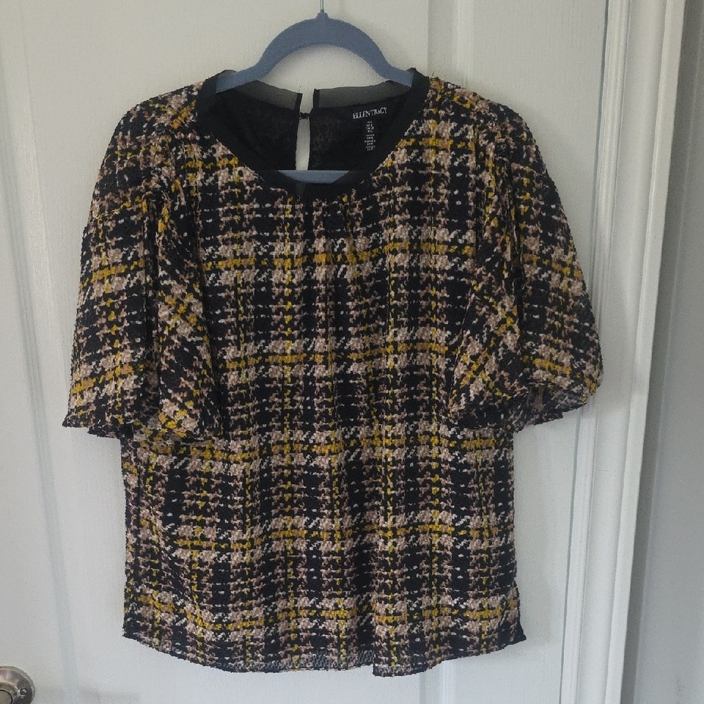 Ellen Tracy Black and Gold Flutter Sleeve Blouse